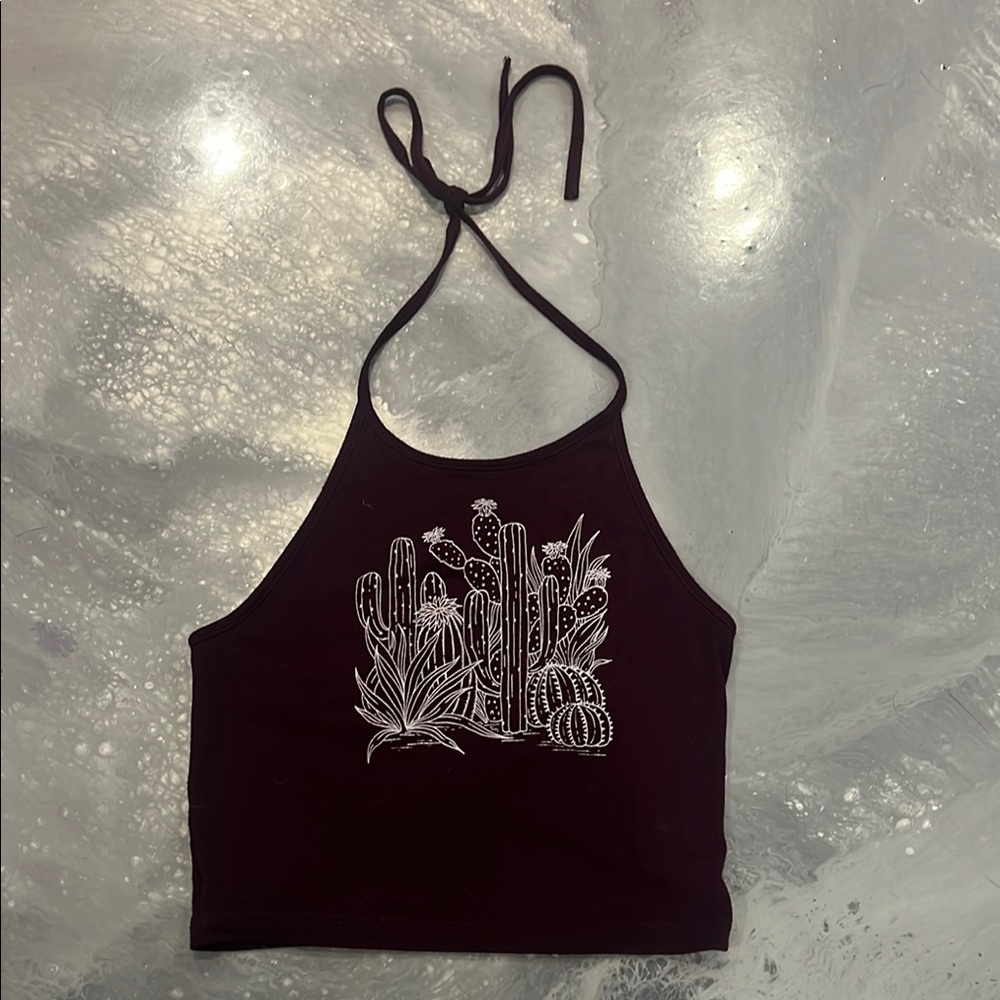 Black Halter Top with Cactus Design